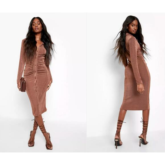 Boohoo Slinky Midi Dress Long Sleeve Button Front Chocolate Brown Curvy Plus 14 - Picture 1 of 10